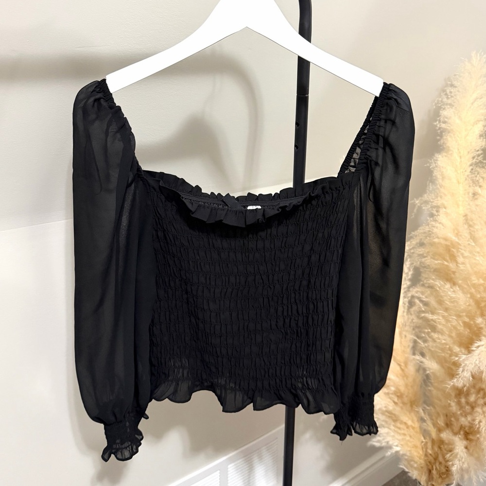 H&M Smocked Off-Shoulder Crop Top – Sheer Puff Sleeves